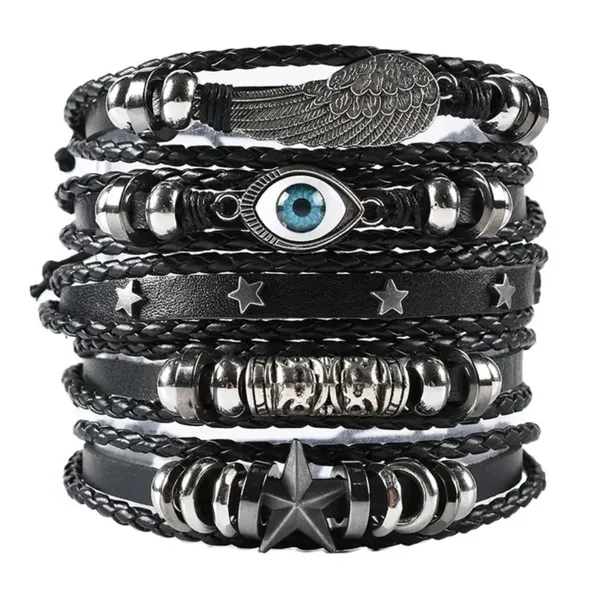 Black_Pu_Leather_Evil_Eye_Feather_Star_Charms_Multilayer_Adjustable_Bracelet_For_Men_&_Boys_(Set_Of_5)