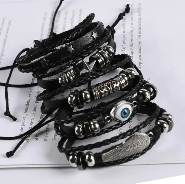 Black_Pu_Leather_Evil_Eye_Feather_Star_Charms_Multilayer_Adjustable_Bracelet_For_Men_&_Boys_(Set_Of_5)