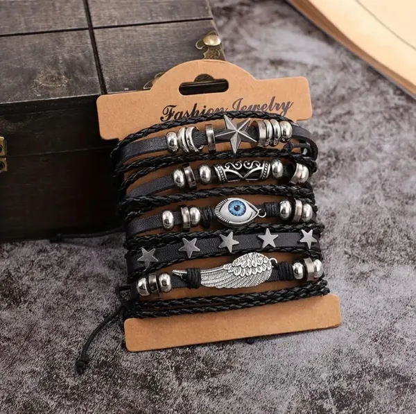 Black_Pu_Leather_Evil_Eye_Feather_Star_Charms_Multilayer_Adjustable_Bracelet_For_Men_&_Boys_(Set_Of_5)