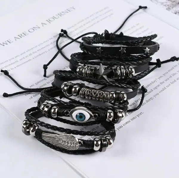 Black_Pu_Leather_Evil_Eye_Feather_Star_Charms_Multilayer_Adjustable_Bracelet_For_Men_&_Boys_(Set_Of_5)
