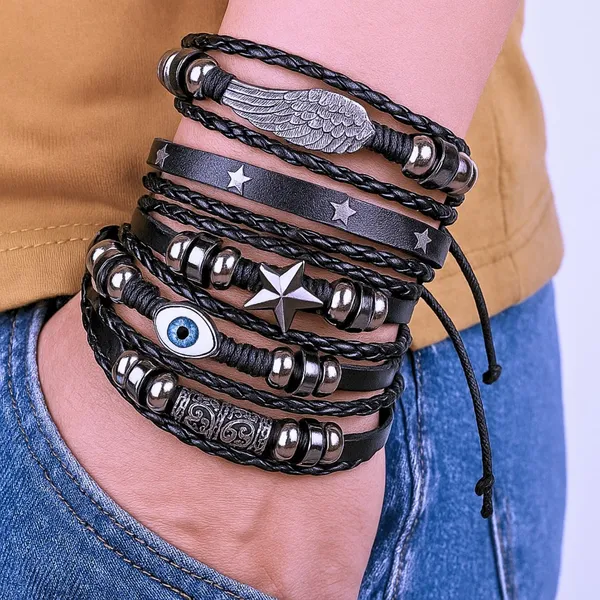 Black_Pu_Leather_Evil_Eye_Feather_Star_Charms_Multilayer_Adjustable_Bracelet_For_Men_&_Boys_(Set_Of_5)