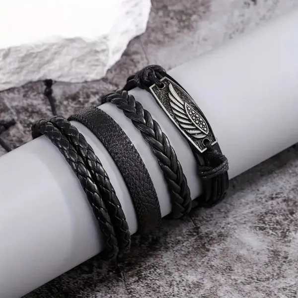 Black_Pu_Leather_Feather_Charm_Multilayer_Adjustable_Bracelet_For_Men_&_Boys_(Set_Of_4)
