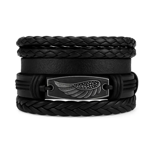 Black_Pu_Leather_Feather_Charm_Multilayer_Adjustable_Bracelet_For_Men_&_Boys_(Set_Of_4)