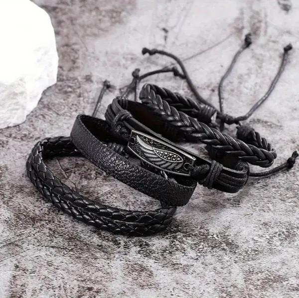 Black_Pu_Leather_Feather_Charm_Multilayer_Adjustable_Bracelet_For_Men_&_Boys_(Set_Of_4)