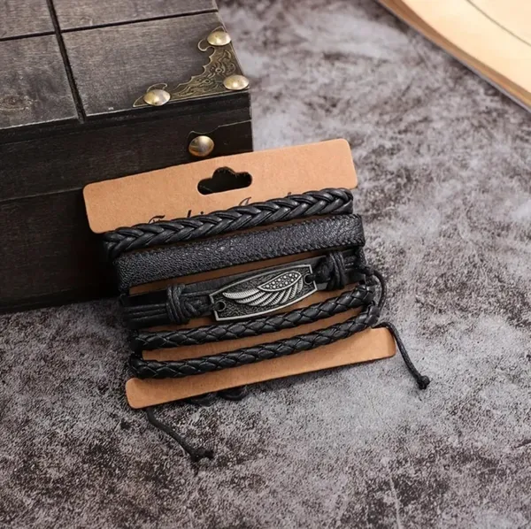 Black_Pu_Leather_Feather_Charm_Multilayer_Adjustable_Bracelet_For_Men_&_Boys_(Set_Of_4)