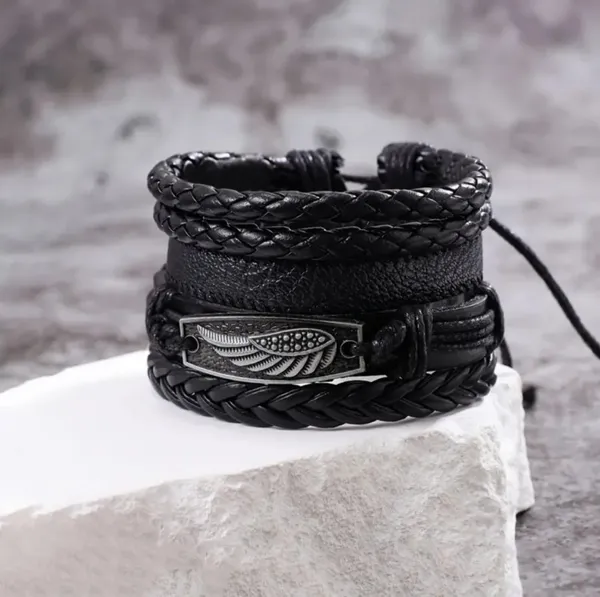 Black_Pu_Leather_Feather_Charm_Multilayer_Adjustable_Bracelet_For_Men_&_Boys_(Set_Of_4)