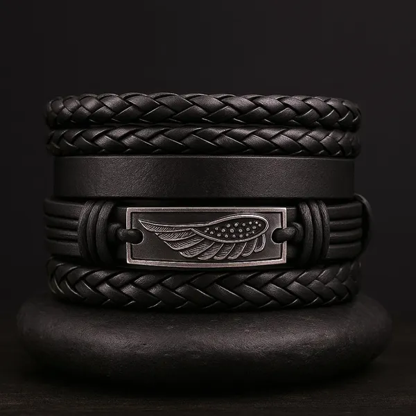 Black_Pu_Leather_Feather_Charm_Multilayer_Adjustable_Bracelet_For_Men_&_Boys_(Set_Of_4)