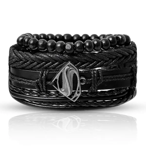Black_Pu_Leather_Superman_Charm_Multilayer_Adjustable_Bracelet_For_Men_&_Boys_(Set_Of_4)