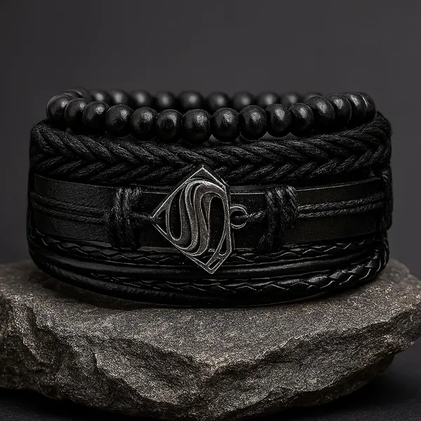 Black_Pu_Leather_Superman_Charm_Multilayer_Adjustable_Bracelet_For_Men_&_Boys_(Set_Of_4)