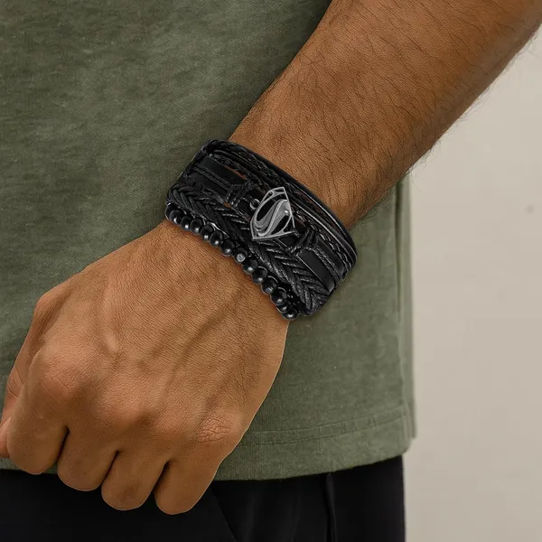 Black_Pu_Leather_Superman_Charm_Multilayer_Adjustable_Bracelet_For_Men_&_Boys_(Set_Of_4)
