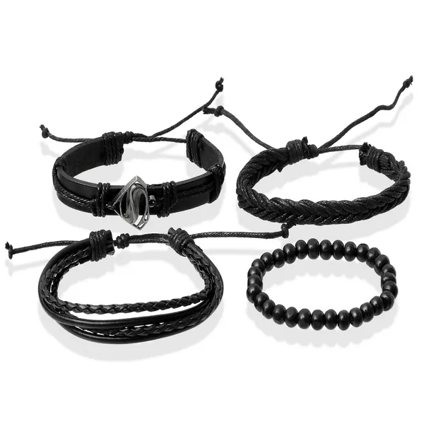 Black_Pu_Leather_Superman_Charm_Multilayer_Adjustable_Bracelet_For_Men_&_Boys_(Set_Of_4)