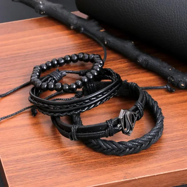 Black_Pu_Leather_Superman_Charm_Multilayer_Adjustable_Bracelet_For_Men_&_Boys_(Set_Of_4)