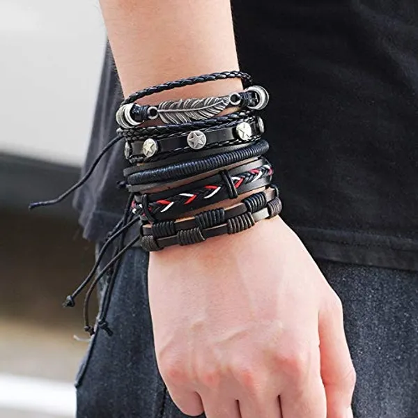 Black_Black_Base_Metal_Leather_Dyed_Rope_Multi_Strand_Wrist_Band_Bracelet_For_Men_&_Women(Set_Of_5)