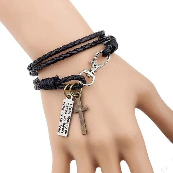 Black_Pu_Leather_Western_Style_Christ_Cross_Design_With_Jesus_Message_Casual_Bracelet_For_Boys_And_Girls
