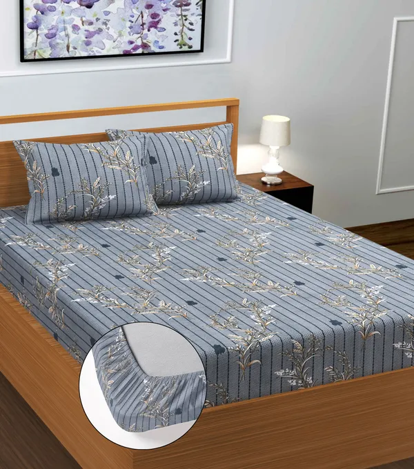 Grey_Floral_220_TC__Cotton_All_Round_Elastic_Fitted_Bedsheet_With_Tow_Pillow_Covers_(72x78xUp_To_10_Inches_)_&_360_Degree_Elasticated