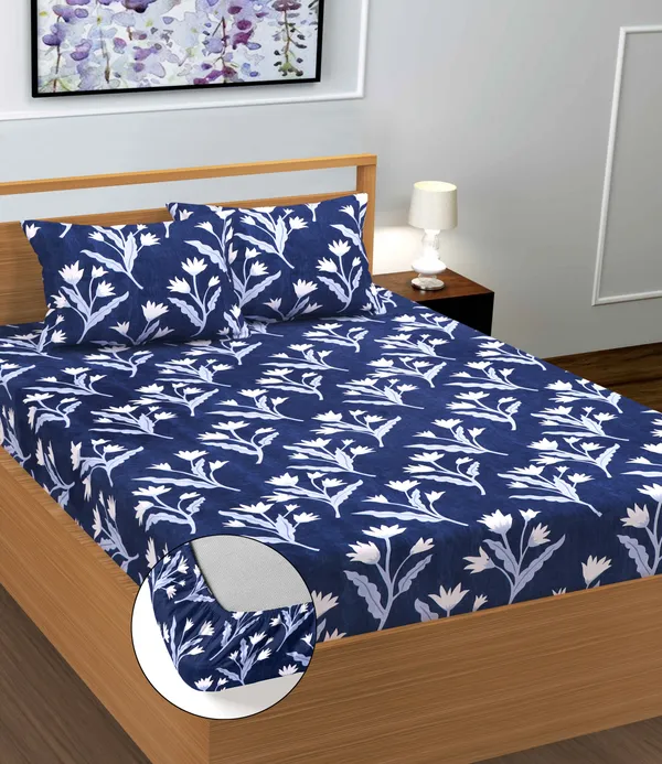 Blue_Flower__220_TC__Cotton_All_Round_Elastic_Fitted_Bedsheet_With_Tow_Pillow_Covers_(72x78xUp_To_10_Inches_)_&_360_Degree_Elasticated
