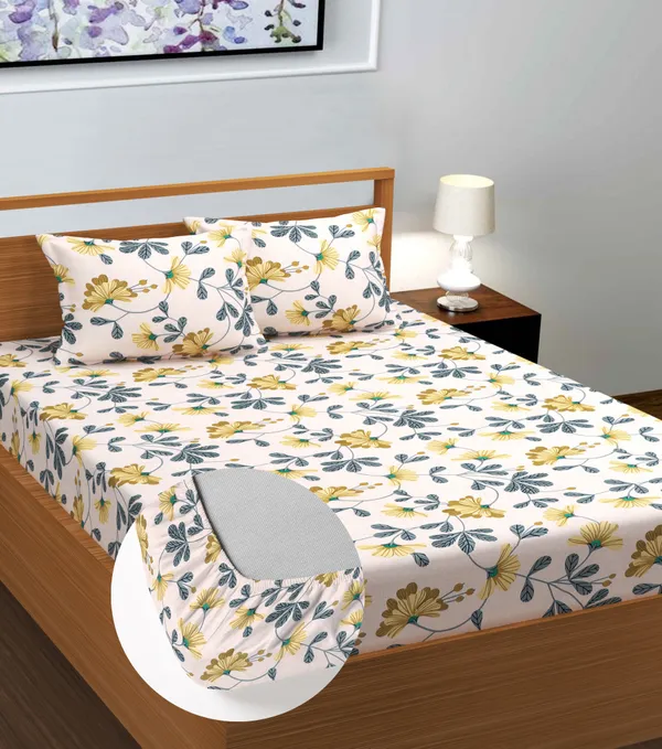Yellow_Floral_220_TC__Fitted_Elastic_Bedsheet_With_Tow_Pillow_Covers_(72x78xUp_To_10_Inches_)_&_360_Degree_Elasticated