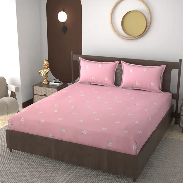 Pink_Flower220_TC__Fitted_Elastic_Bedsheet_With_Tow_Pillow_Covers_(72x78xUp_To_10_Inches_)_&_360_Degree_Elasticated