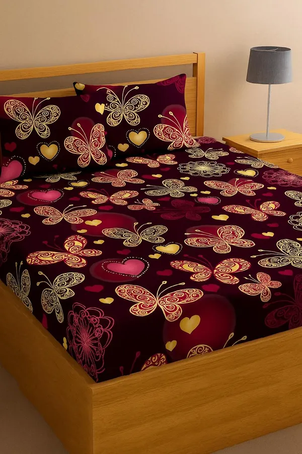 Mehroon_Buterfly_220_TC__Fitted_Elastic_Bedsheet_With_Tow_Pillow_Covers_(72x78xUp_To_10_Inches_)_&_360_Degree_Elasticated