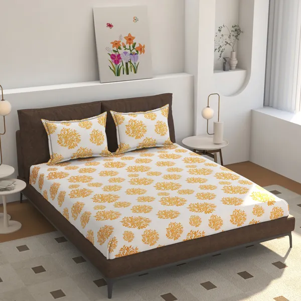 White_Brown_Flower_premium_Fitted_Elastic_Bedsheet_With_Tow_Pillow_Covers_(72x78xUp_To_10_Inches_)_&_360_Degree_Elasticated_|_BS