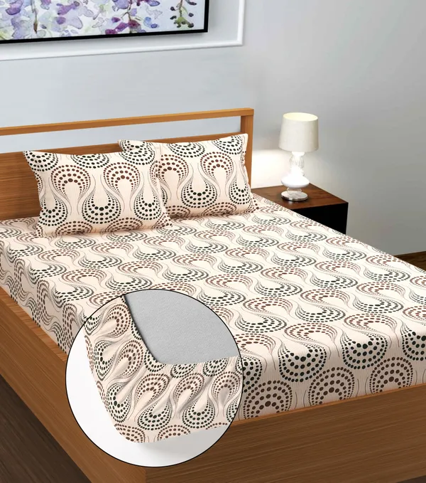 Beidge_Dot_220_TC__Cotton_All_Round_Elastic_Fitted_Bedsheet_With_Tow_Pillow_Covers_(72x78xUp_To_10_Inches_)_&_360_Degree_Elasticated