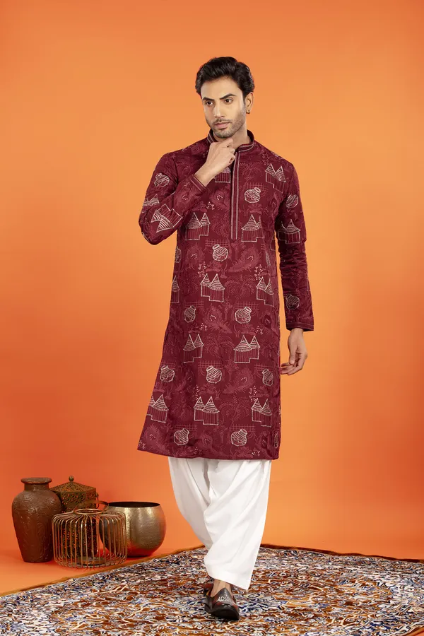 Aarvay-_Crimson_Maroon_Heritage_Kurta_With_Patiala_|_Wedding_Ethnic_Wear