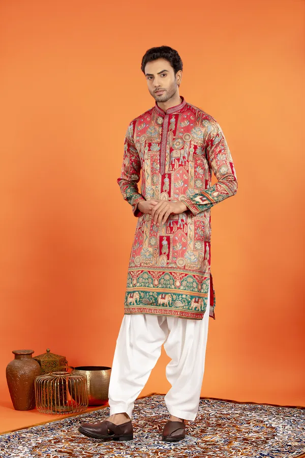 Zarqaa_Regal_Red_Banarasi_Brocade_Kurta_with_Patiala