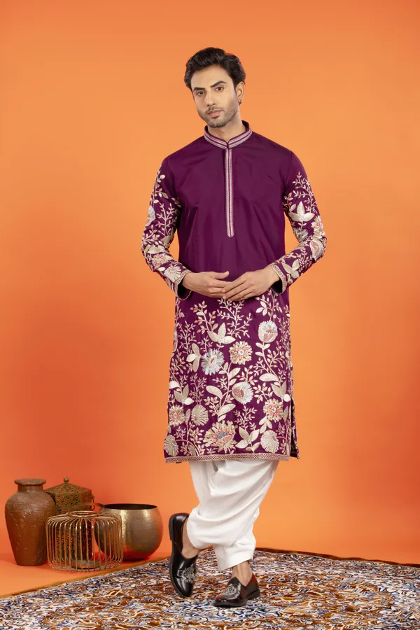 Aarosh_Plum_Majesty_Embroidered_Kurta_with_Patiala_|_Wedding_Ethnic_Wear