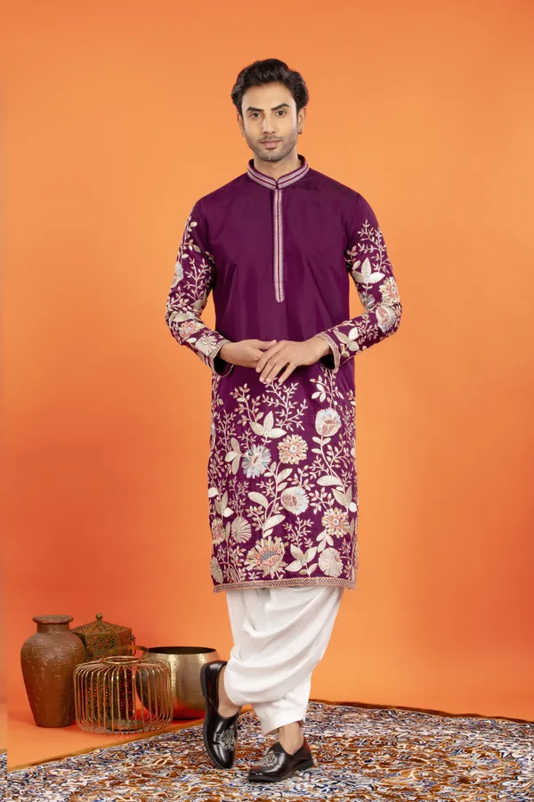 Aarosh_Plum_Majesty_Embroidered_Kurta_with_Patiala_|_Wedding_Ethnic_Wear