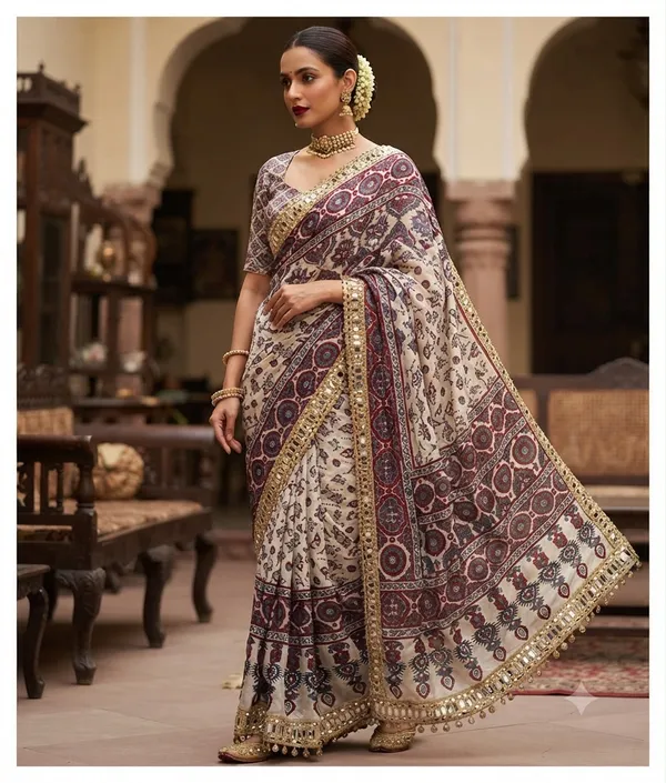 Ajrakh_Print_Mirror_Work_Silk_Saree