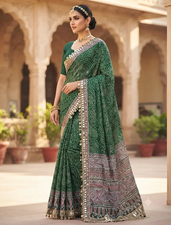 Ajrakh_Print_Mirror_Work_Silk_Saree
