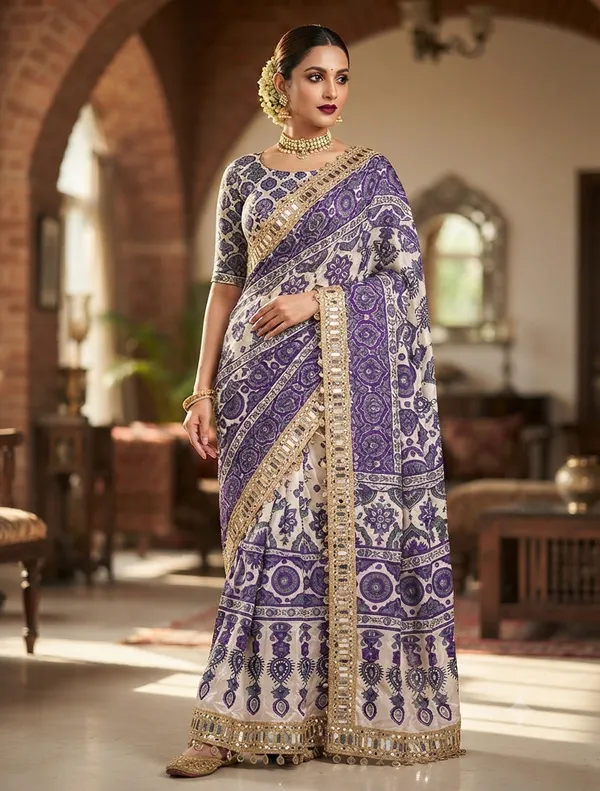 Ajrakh_Print_Mirror_Work_Silk_Saree