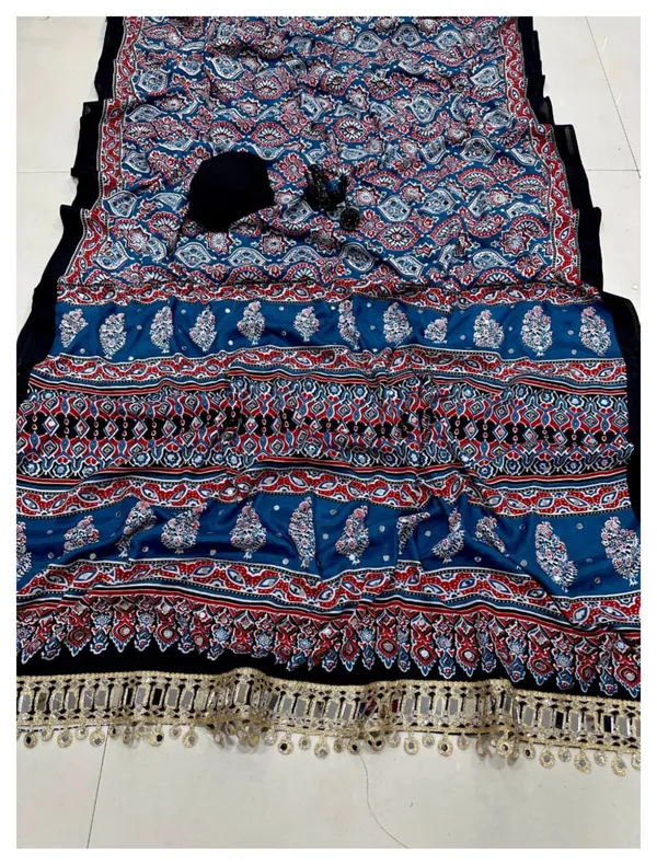 Ajrakh_Print_Mirror_Work_Silk_Saree