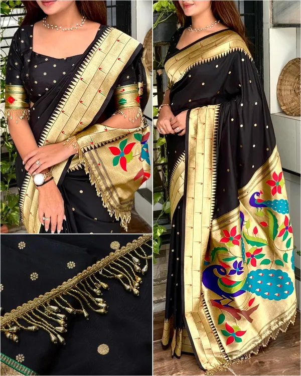 Black_woven_zari_silk_saree_with_paithani_pattern_and_Handwork_latkan_lace_in_pallu_&_Blouse,