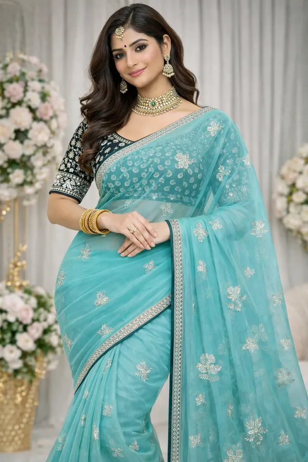 Designer_Chiffon_Saree_with_Contrast_Blouse_Piece