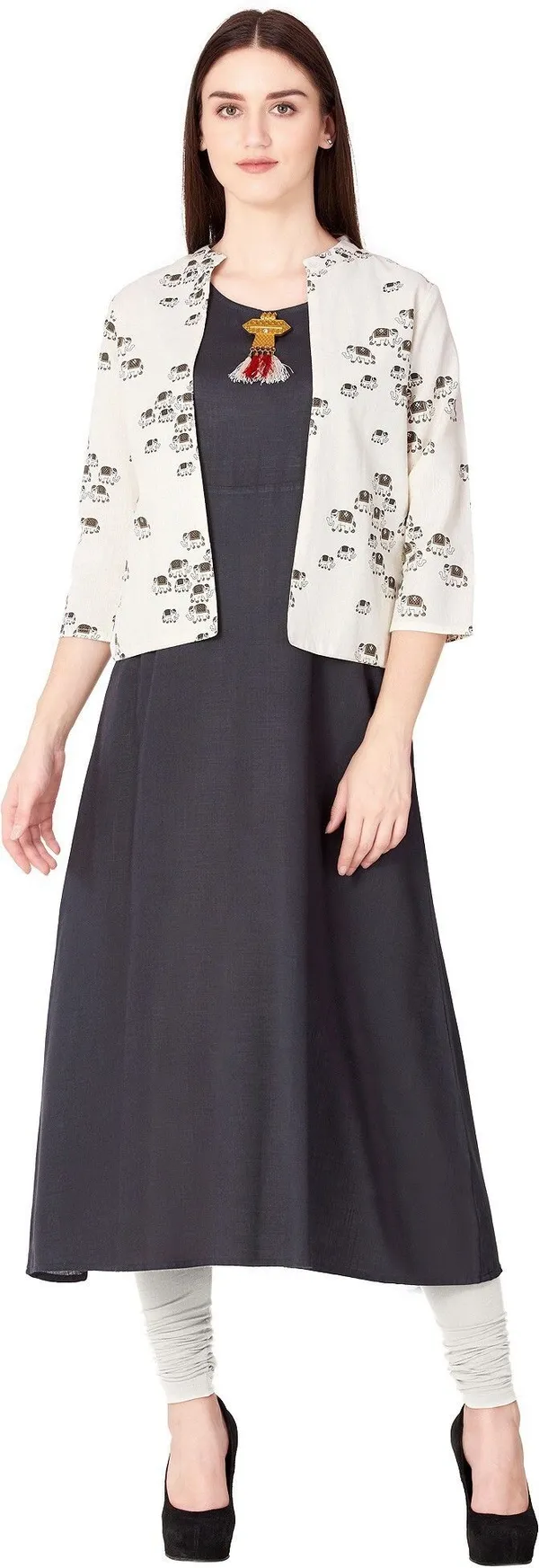 Grey_Printed_Asymmetric_Kurta_With_Shrug_For_Women