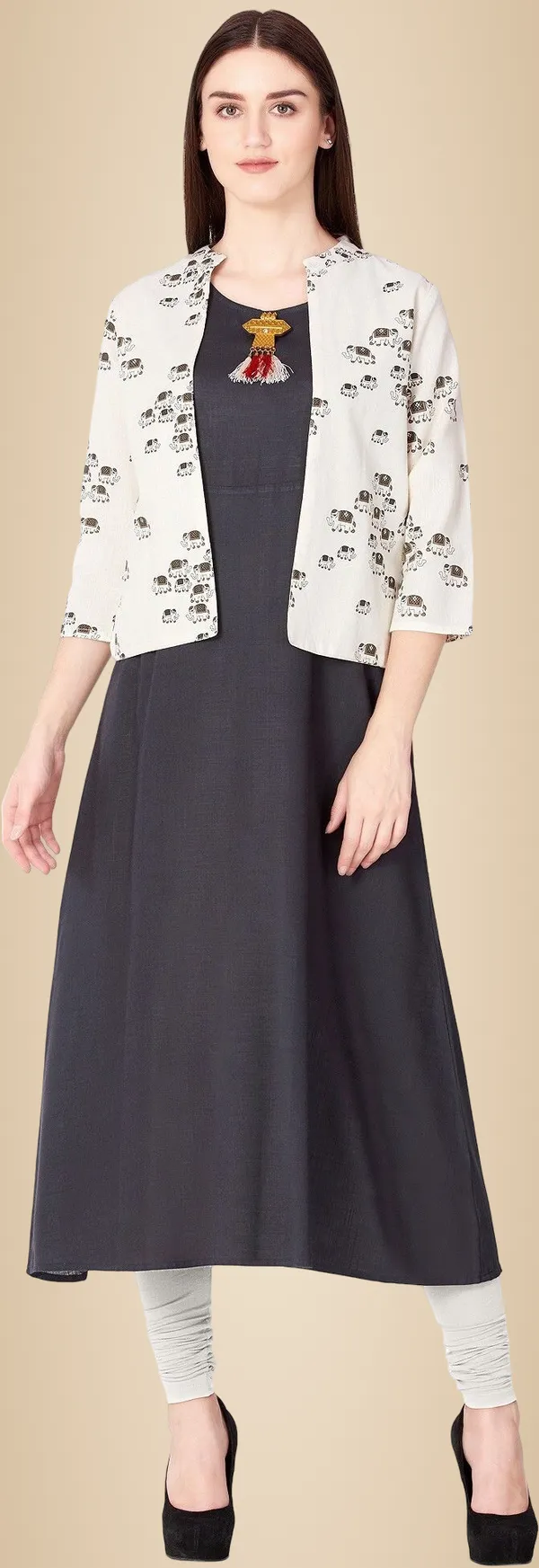 Grey_Printed_Asymmetric_Kurta_With_Shrug_For_Women