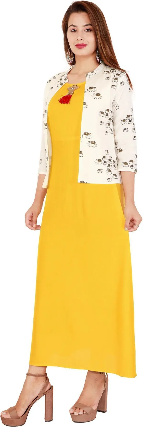 Yellow_Printed_Asymmetric_Kurta_With_Shrug_For_Women