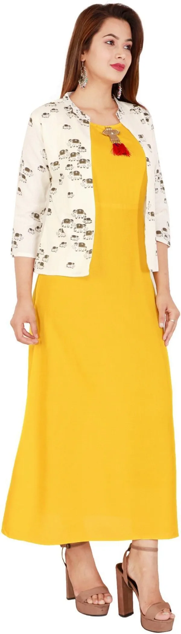 Yellow_Printed_Asymmetric_Kurta_With_Shrug_For_Women