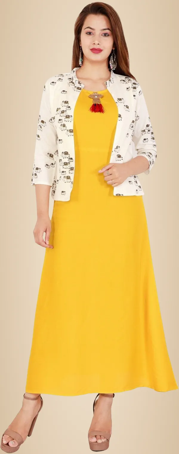 Yellow_Printed_Asymmetric_Kurta_With_Shrug_For_Women