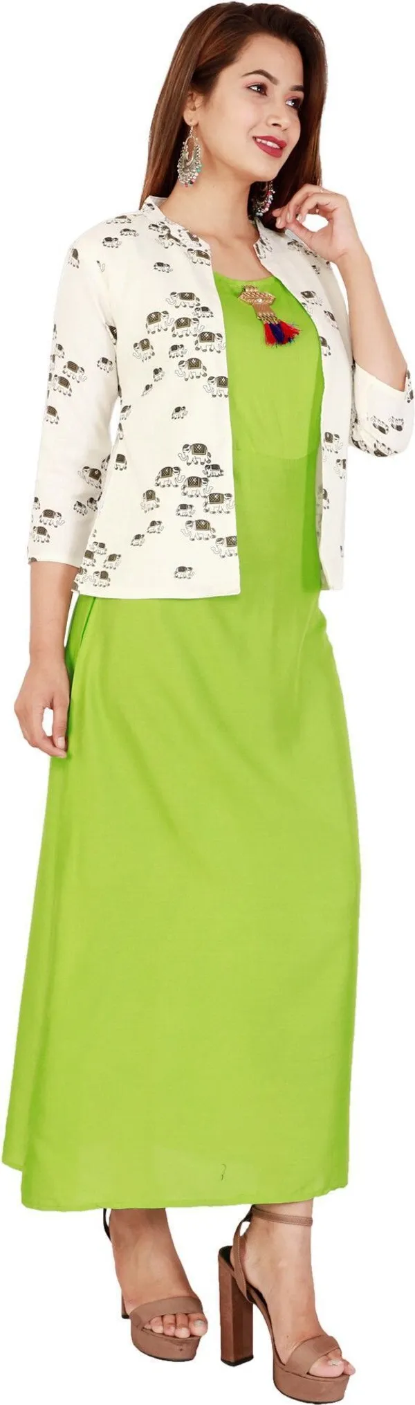 Green_Printed_Asymmetric_Kurta_With_Shrug_For_Women