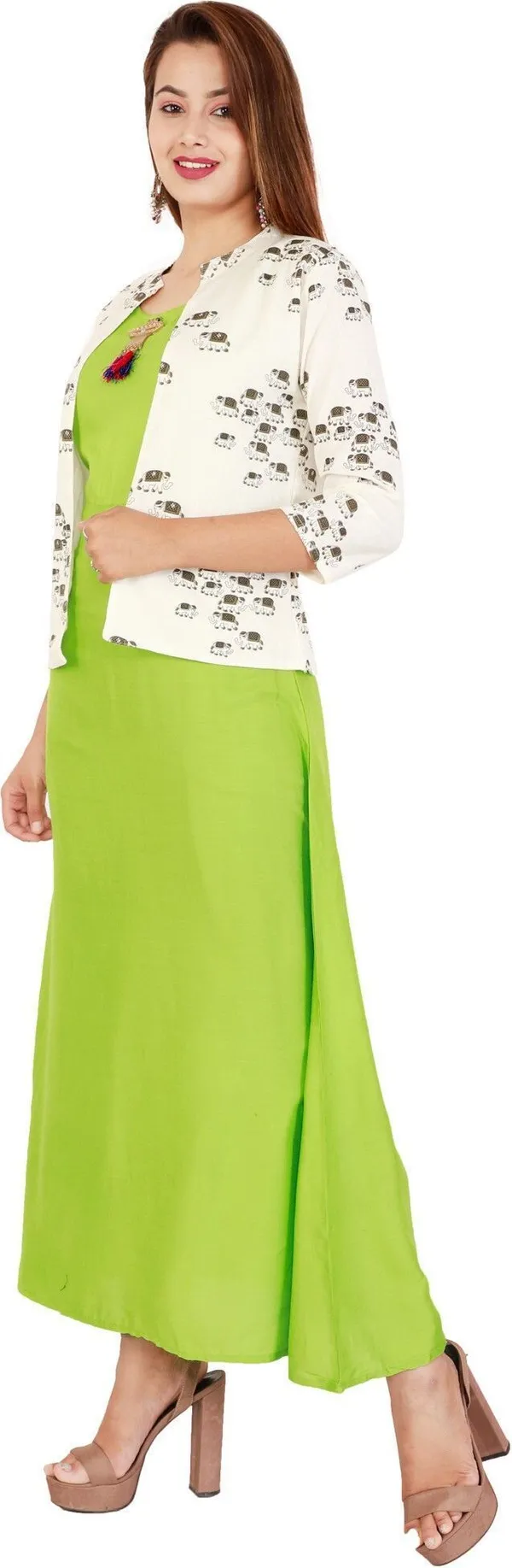 Green_Printed_Asymmetric_Kurta_With_Shrug_For_Women