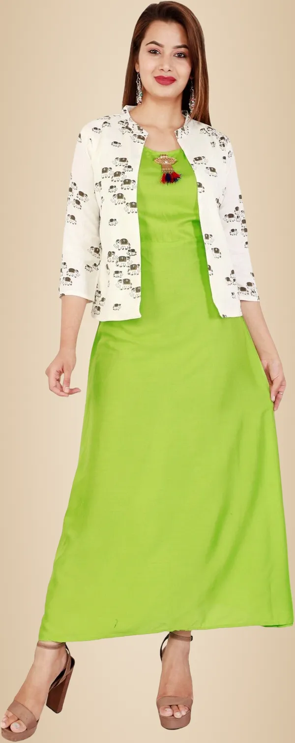 Green_Printed_Asymmetric_Kurta_With_Shrug_For_Women
