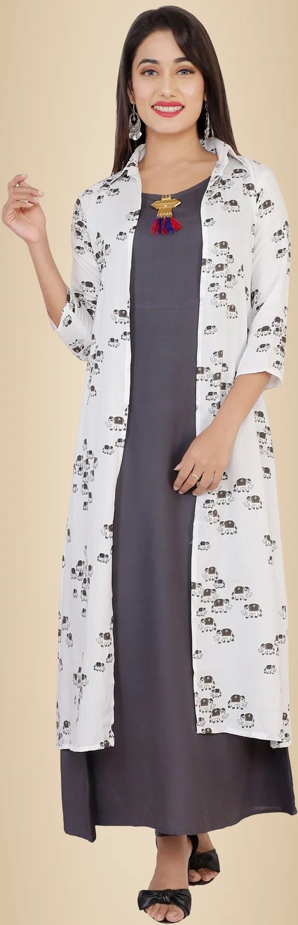 Grey_Printed_Asymmetric_Kurta_With_Shrug_For_Women