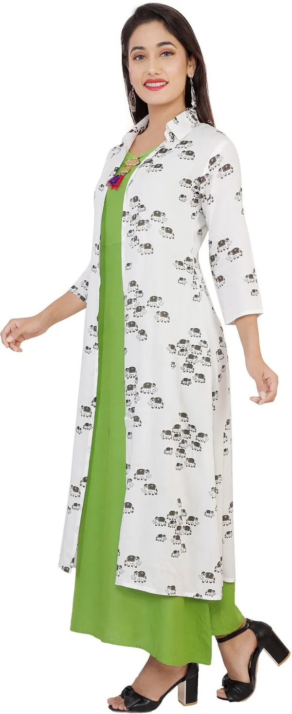 Green_Printed_Asymmetric_Kurta_With_Shrug_For_Women