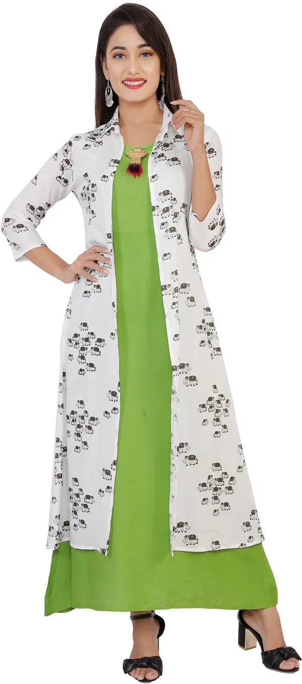 Green_Printed_Asymmetric_Kurta_With_Shrug_For_Women