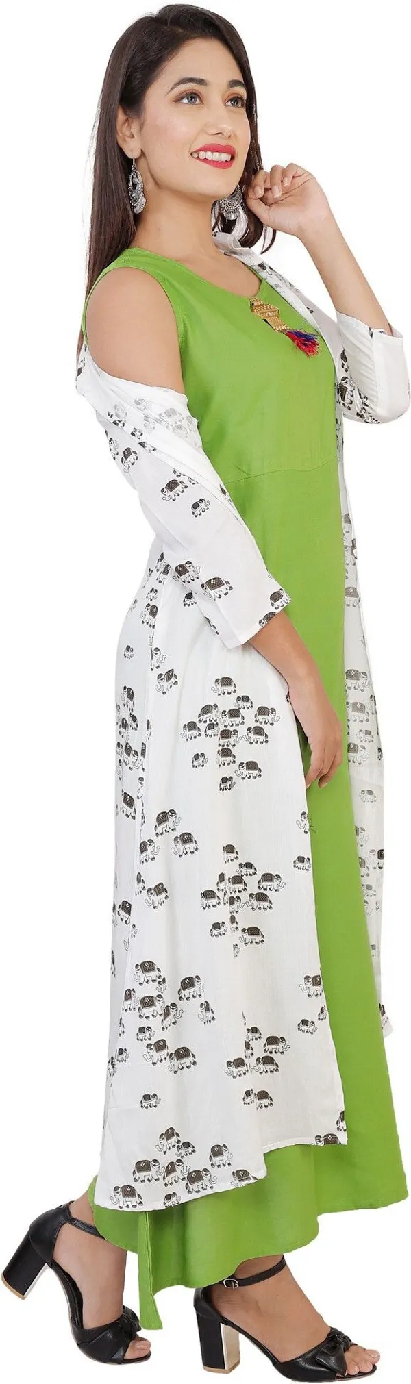 Green_Printed_Asymmetric_Kurta_With_Shrug_For_Women