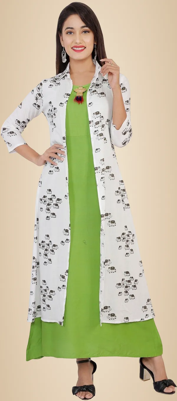 Green_Printed_Asymmetric_Kurta_With_Shrug_For_Women