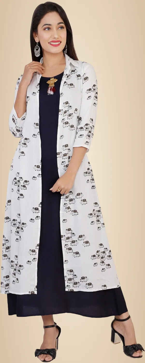 Blue_Printed_Asymmetric_Kurta_With_Shrug_For_Women