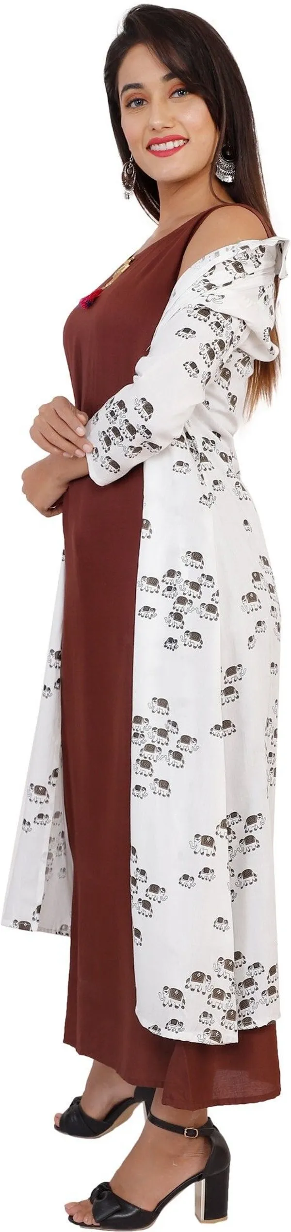 Brown_Printed_Asymmetric_Kurta_With_Shrug_For_Women